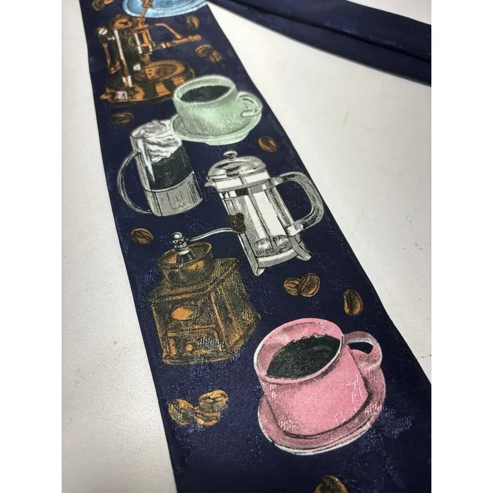 M Kaye Coffee Theme Tie Espresso Cups French Press Novelty Silk Necktie